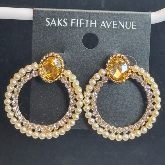Saks Fifth Ave Champagne Crystal Post With Faux Pearl & Crystal Hoop Earrings - Picture 2 of 8